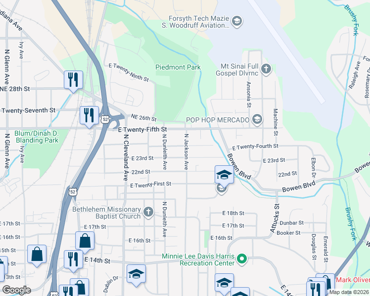 map of restaurants, bars, coffee shops, grocery stores, and more near 1518 23rd Street Northeast in Winston-Salem
