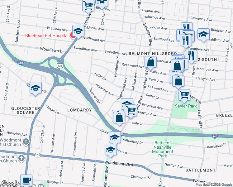 map of restaurants, bars, coffee shops, grocery stores, and more near 1804 Primrose Avenue in Nashville