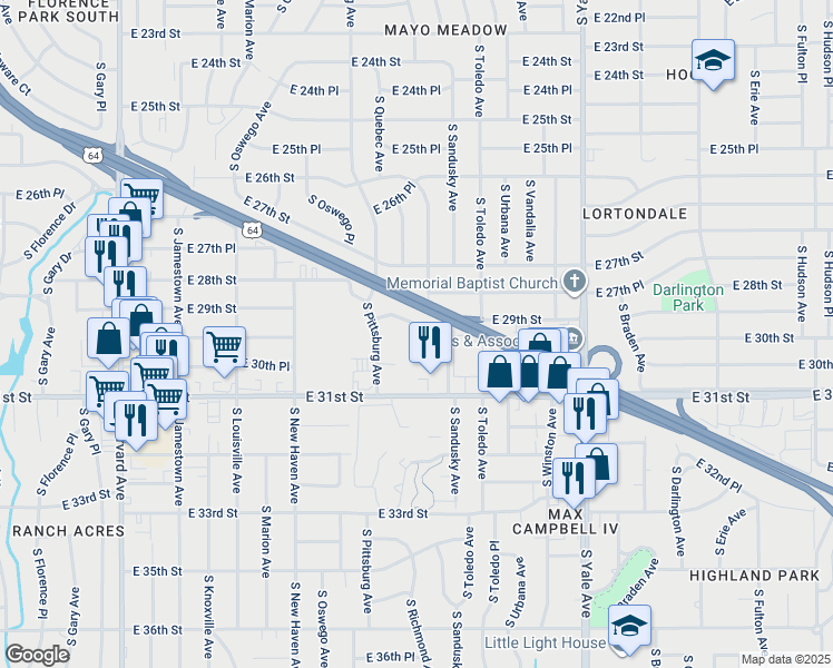 map of restaurants, bars, coffee shops, grocery stores, and more near 4851 South Richmond Avenue in Tulsa