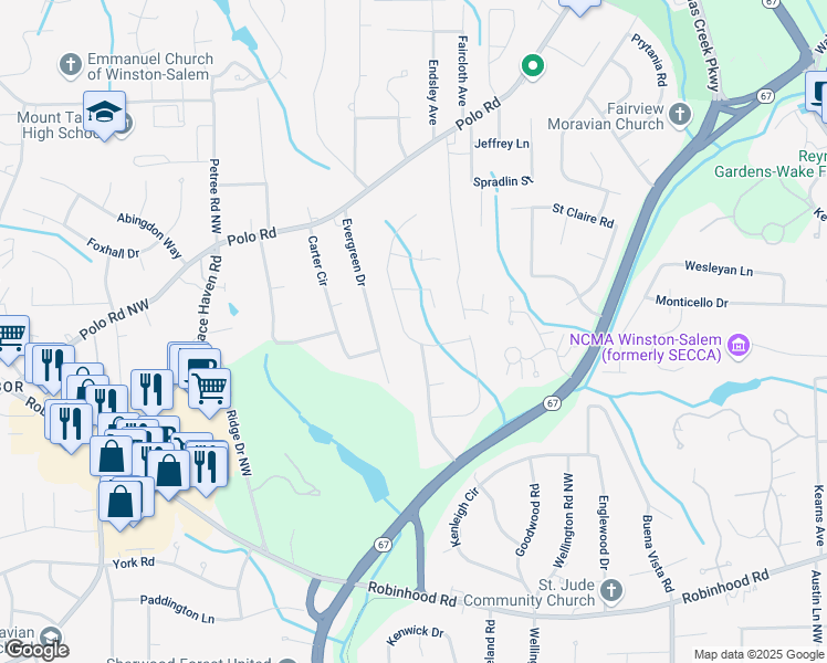 map of restaurants, bars, coffee shops, grocery stores, and more near 1325 Turkey Hill Road in Winston-Salem