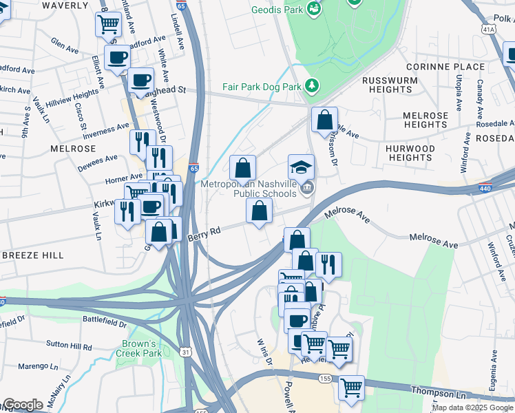 map of restaurants, bars, coffee shops, grocery stores, and more near 704 Berry Road in Nashville