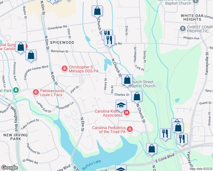 map of restaurants, bars, coffee shops, grocery stores, and more near 3112 Henry Street in Greensboro