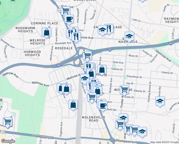map of restaurants, bars, coffee shops, grocery stores, and more near 344 Peachtree Street in Nashville