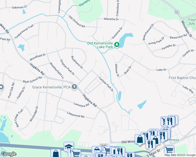 map of restaurants, bars, coffee shops, grocery stores, and more near 366 Carlisle Park Drive in Kernersville