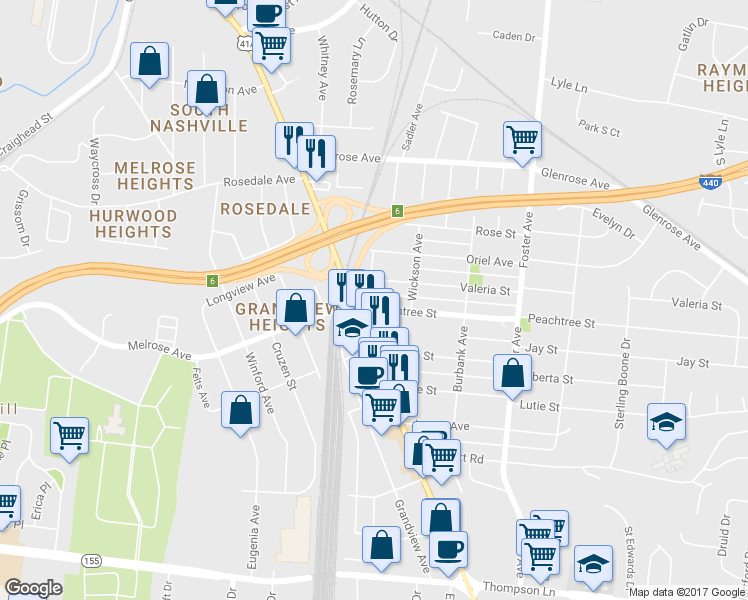 map of restaurants, bars, coffee shops, grocery stores, and more near 348B Valeria Street in Nashville