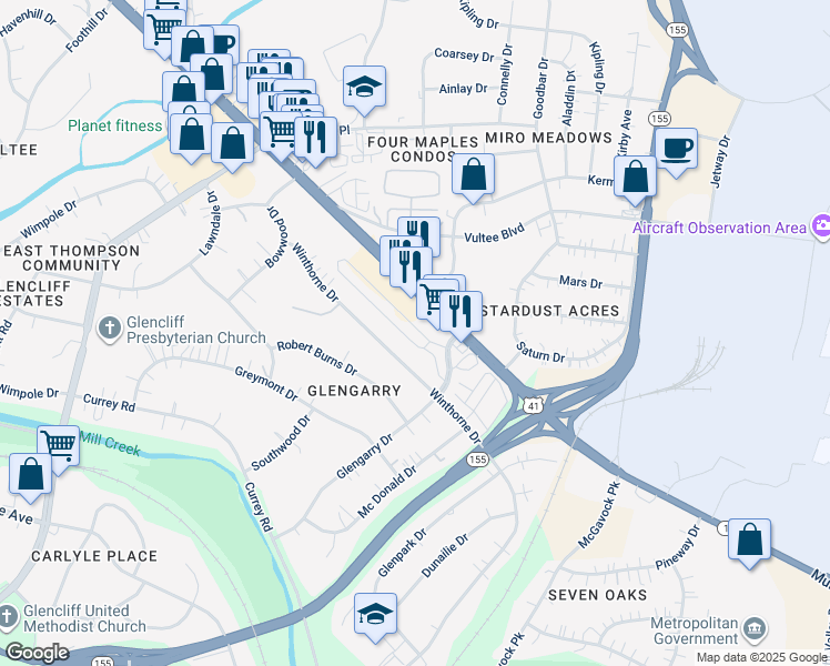 map of restaurants, bars, coffee shops, grocery stores, and more near 307 Glengarry Drive in Nashville