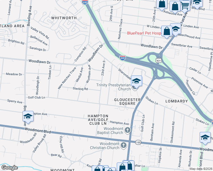 map of restaurants, bars, coffee shops, grocery stores, and more near 2815 22nd Avenue South in Nashville