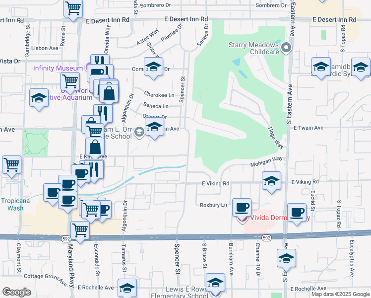 map of restaurants, bars, coffee shops, grocery stores, and more near 3731 Spencer Street in Las Vegas