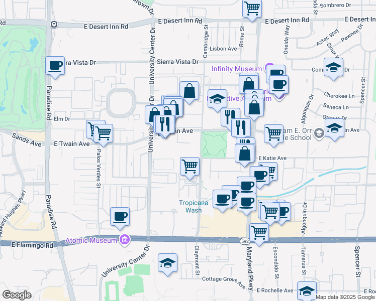 map of restaurants, bars, coffee shops, grocery stores, and more near 905 East Twain Avenue in Las Vegas