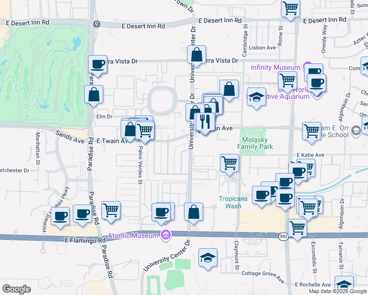 map of restaurants, bars, coffee shops, grocery stores, and more near 728 East Twain Avenue in Las Vegas