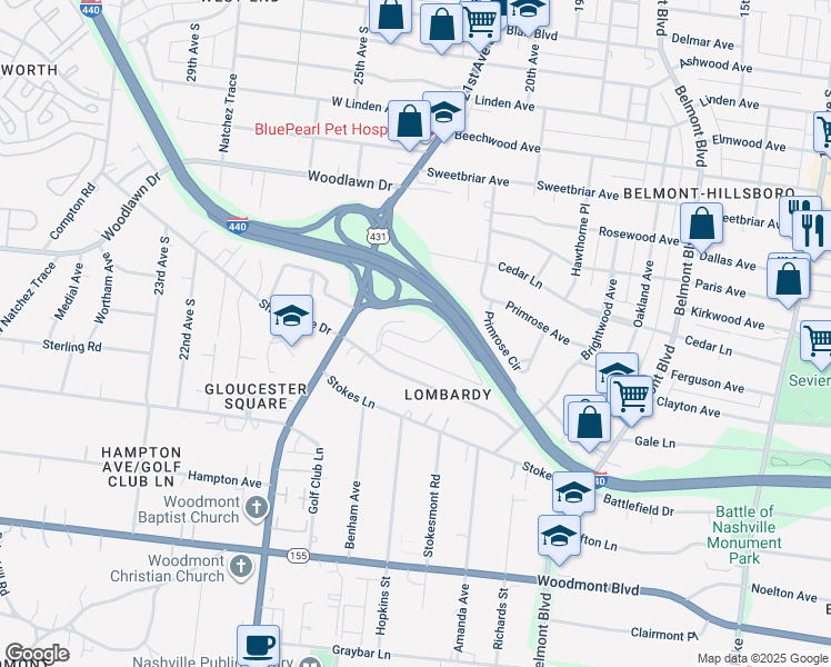 map of restaurants, bars, coffee shops, grocery stores, and more near 259 Hillsboro Place in Nashville