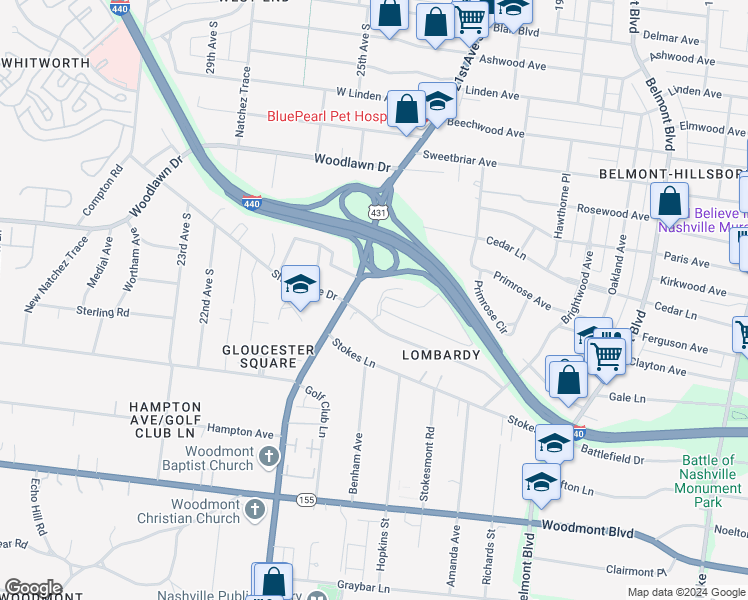 map of restaurants, bars, coffee shops, grocery stores, and more near 134 Hillsboro Place in Nashville
