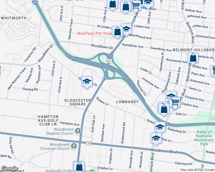 map of restaurants, bars, coffee shops, grocery stores, and more near 134 Hillsboro Place in Nashville