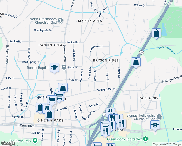 map of restaurants, bars, coffee shops, grocery stores, and more near 3405 Bryson Street in Greensboro