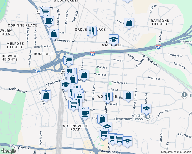 map of restaurants, bars, coffee shops, grocery stores, and more near 240 Valeria Street in Nashville