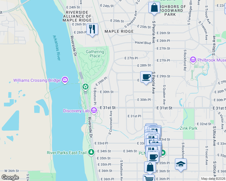 map of restaurants, bars, coffee shops, grocery stores, and more near 2969 South Cincinnati Avenue in Tulsa