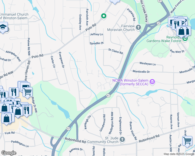 map of restaurants, bars, coffee shops, grocery stores, and more near 1255 Stadler Ridge Road in Winston-Salem