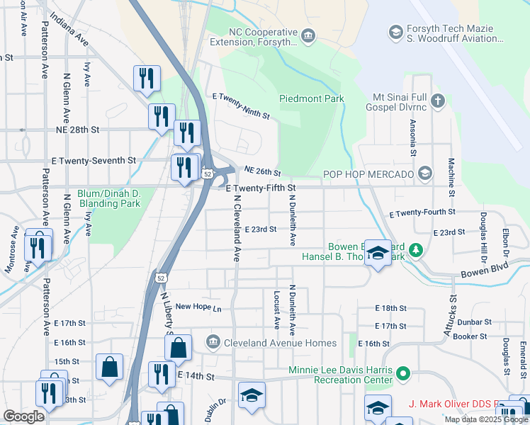 map of restaurants, bars, coffee shops, grocery stores, and more near 1234 Northeast 24th Street in Winston-Salem