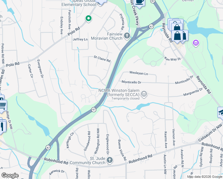 map of restaurants, bars, coffee shops, grocery stores, and more near 2915 Wesleyan Lane in Winston-Salem