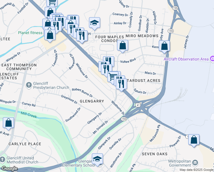 map of restaurants, bars, coffee shops, grocery stores, and more near 307 Glengarry Drive in Nashville