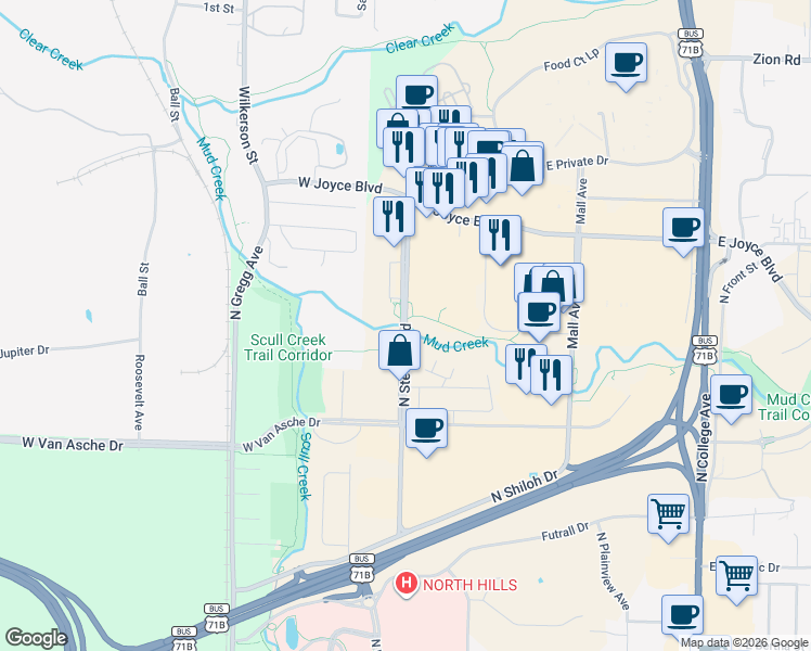 map of restaurants, bars, coffee shops, grocery stores, and more near Steele Boulevard in Fayetteville