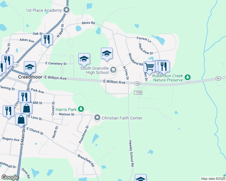 map of restaurants, bars, coffee shops, grocery stores, and more near in Creedmoor