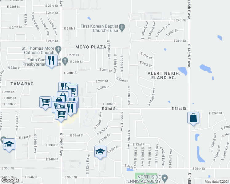 map of restaurants, bars, coffee shops, grocery stores, and more near 13510 East 30th Place in Tulsa