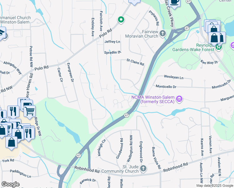 map of restaurants, bars, coffee shops, grocery stores, and more near 1231 Stadler Ridge Road in Winston-Salem