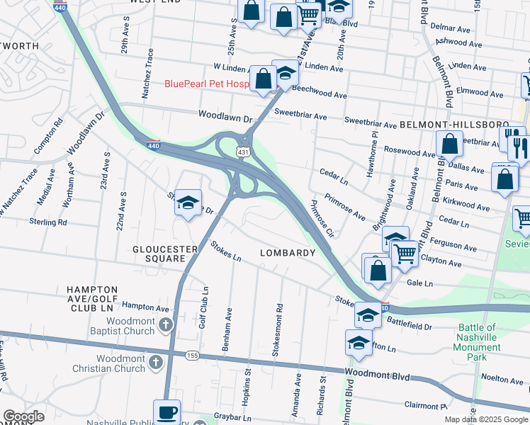 map of restaurants, bars, coffee shops, grocery stores, and more near 213 Hillsboro Place in Nashville