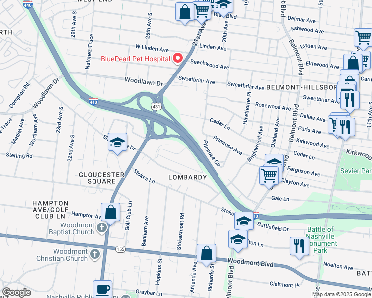 map of restaurants, bars, coffee shops, grocery stores, and more near 3000 Hillsboro Pike in Nashville