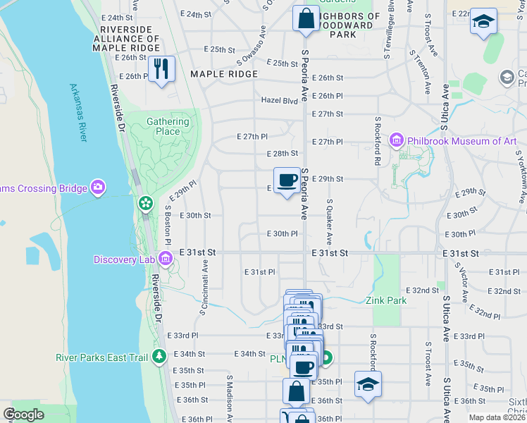 map of restaurants, bars, coffee shops, grocery stores, and more near 1207 East 30th Street in Tulsa