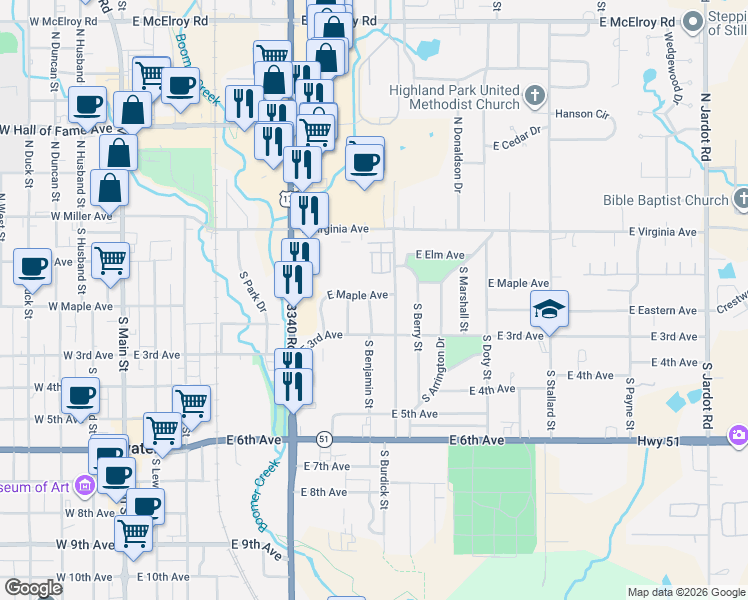 map of restaurants, bars, coffee shops, grocery stores, and more near 714 East Maple Avenue in Stillwater