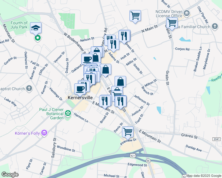 map of restaurants, bars, coffee shops, grocery stores, and more near 207 East Bodenhamer Street in Kernersville