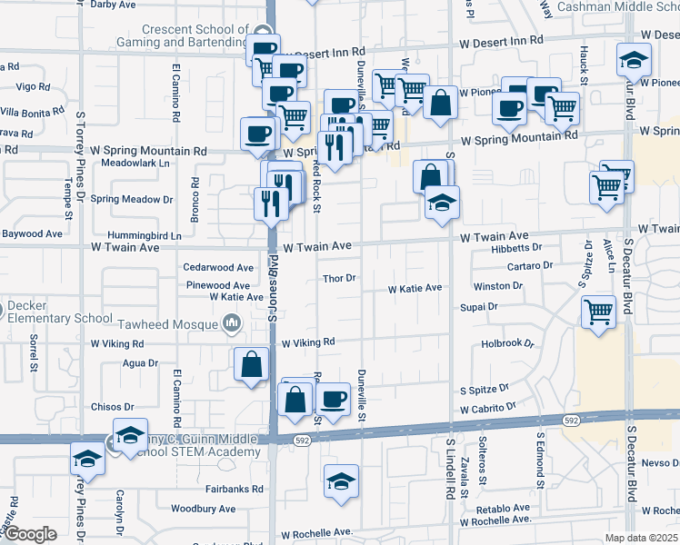 map of restaurants, bars, coffee shops, grocery stores, and more near 5856 Thor Drive in Las Vegas