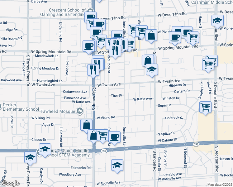 map of restaurants, bars, coffee shops, grocery stores, and more near 5856 Thor Drive in Las Vegas