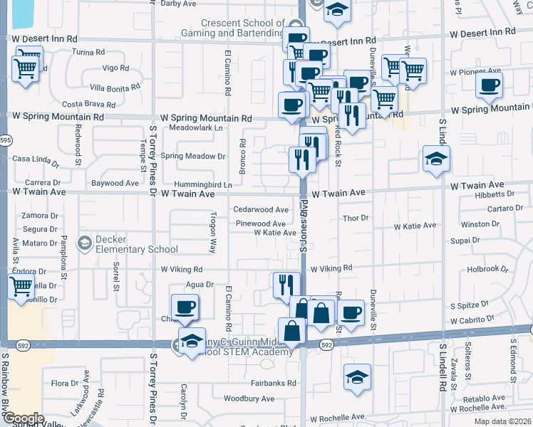 map of restaurants, bars, coffee shops, grocery stores, and more near 6191 West Twain Avenue in Las Vegas