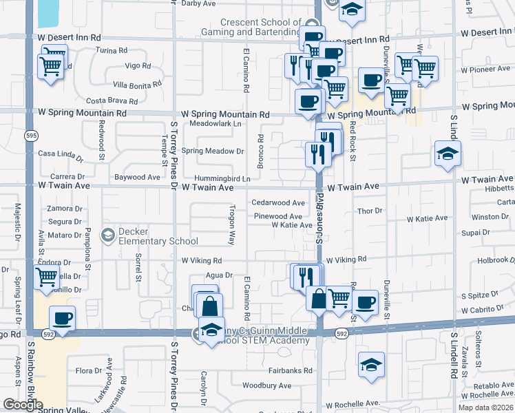 map of restaurants, bars, coffee shops, grocery stores, and more near 6271 Cedarwood Avenue in Las Vegas