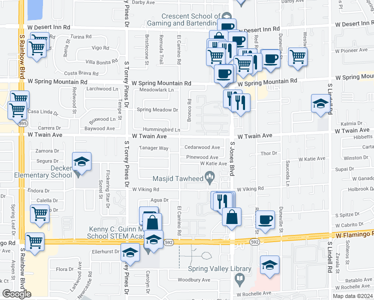 map of restaurants, bars, coffee shops, grocery stores, and more near 6271 Cedarwood Avenue in Las Vegas