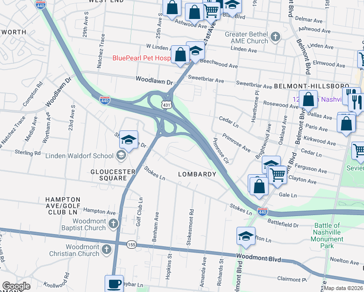 map of restaurants, bars, coffee shops, grocery stores, and more near 259 Hillsboro Place in Nashville