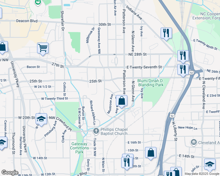 map of restaurants, bars, coffee shops, grocery stores, and more near 109 East Twenty-Fourth Street in Winston-Salem