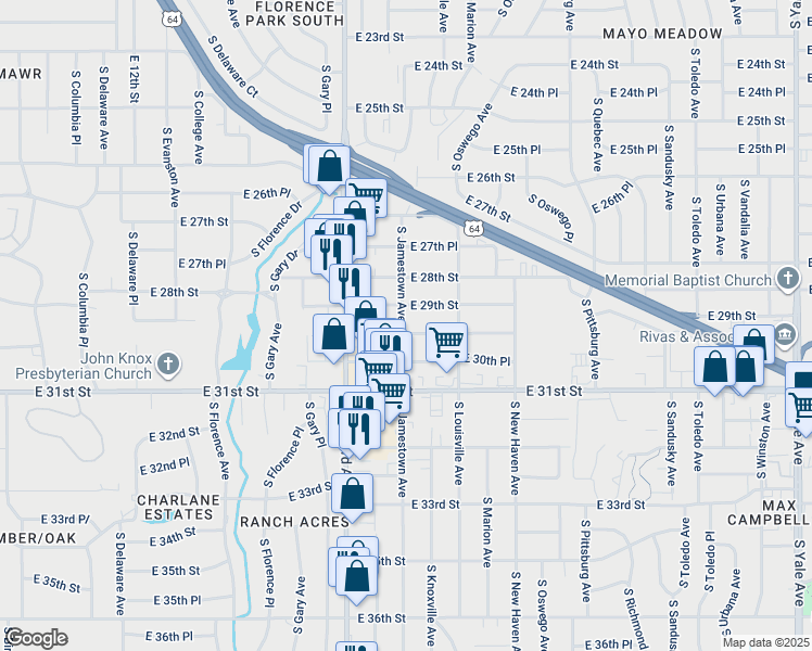 map of restaurants, bars, coffee shops, grocery stores, and more near 3501 East 30th Street in Tulsa