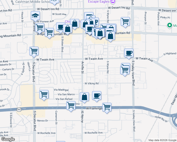map of restaurants, bars, coffee shops, grocery stores, and more near 3750 South Arville Street in Las Vegas