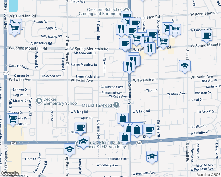 map of restaurants, bars, coffee shops, grocery stores, and more near 6191 West Twain Avenue in Las Vegas