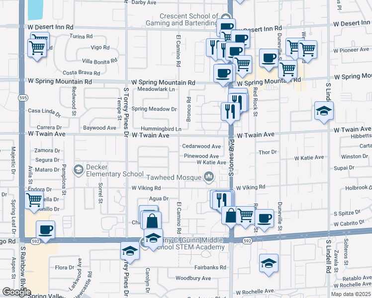 map of restaurants, bars, coffee shops, grocery stores, and more near 6263 West Twain Avenue in Las Vegas