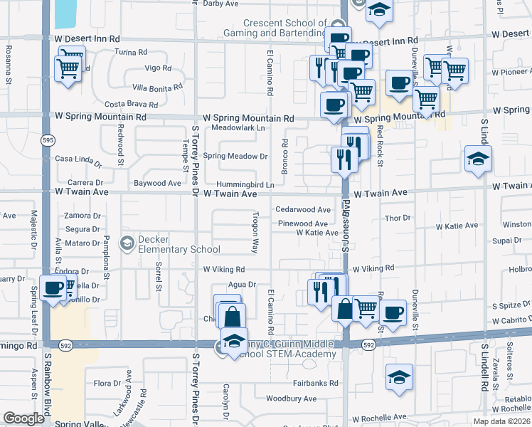 map of restaurants, bars, coffee shops, grocery stores, and more near 6323 West Twain Avenue in Las Vegas