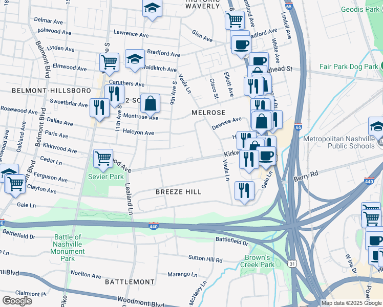map of restaurants, bars, coffee shops, grocery stores, and more near 810A Knox Avenue in Nashville