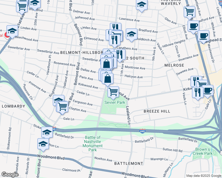 map of restaurants, bars, coffee shops, grocery stores, and more near 2900 12th Avenue South in Nashville