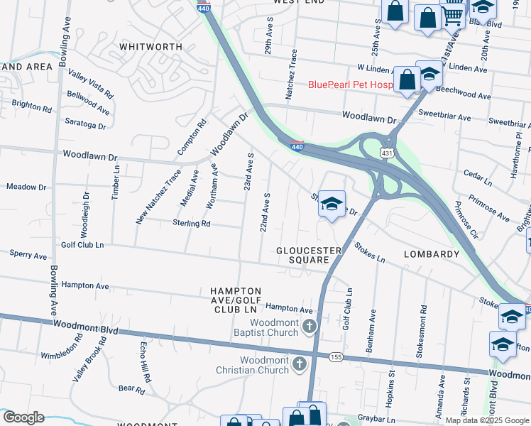 map of restaurants, bars, coffee shops, grocery stores, and more near 2815 22nd Avenue South in Nashville