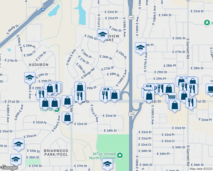 map of restaurants, bars, coffee shops, grocery stores, and more near 2811 South 101st East Avenue in Tulsa