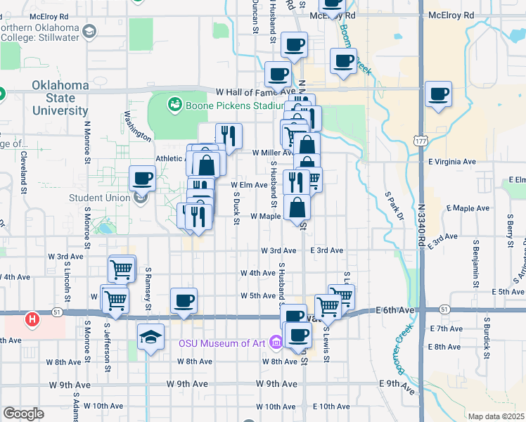 map of restaurants, bars, coffee shops, grocery stores, and more near 111 South Husband Street in Stillwater